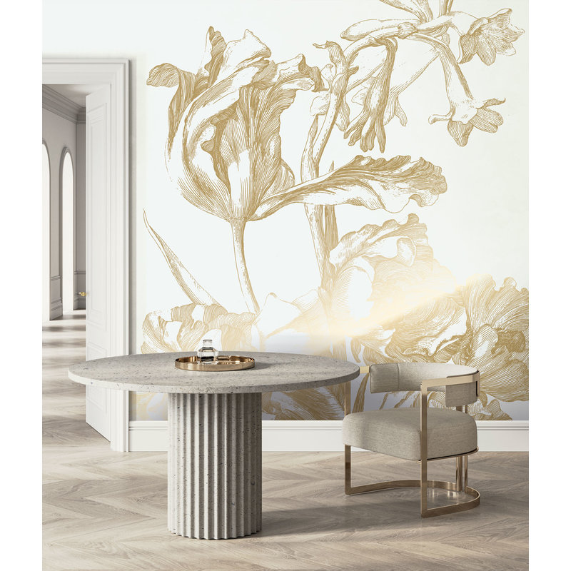 KEK Amsterdam-collectie Gold metallic Off-White Wallpaper, Engraved flowers