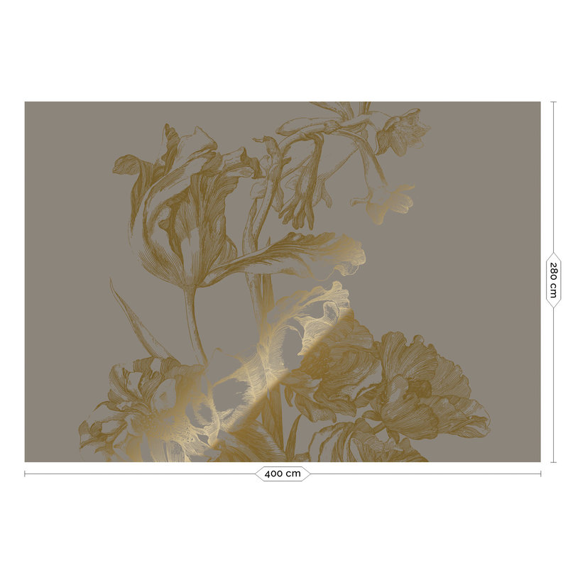 KEK Amsterdam-collectie Gold metallic Grey Wallpaper, Engraved flowers