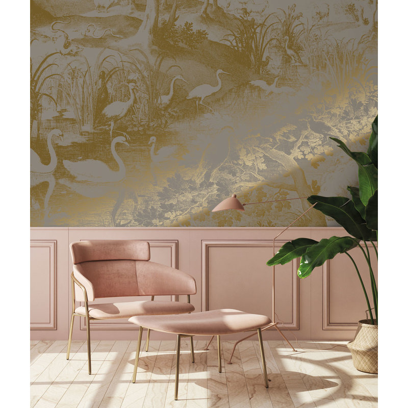 KEK Amsterdam-collectie Gold metallic wallpaper, grey, Engraved landscapes - Copy