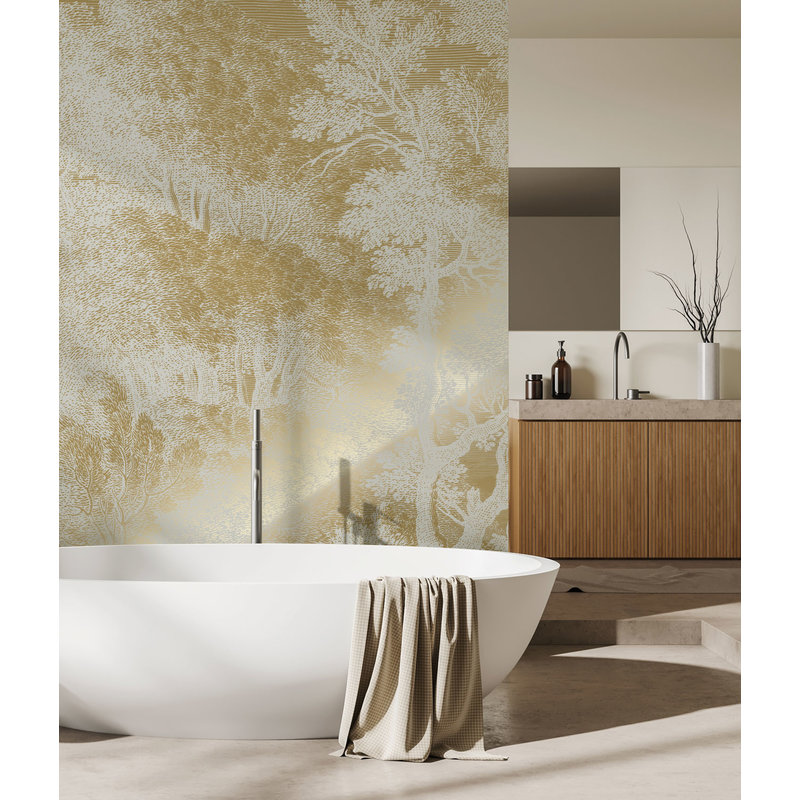 KEK Amsterdam-collectie Gold metallic wallpaper, sand, Engraved landscapes