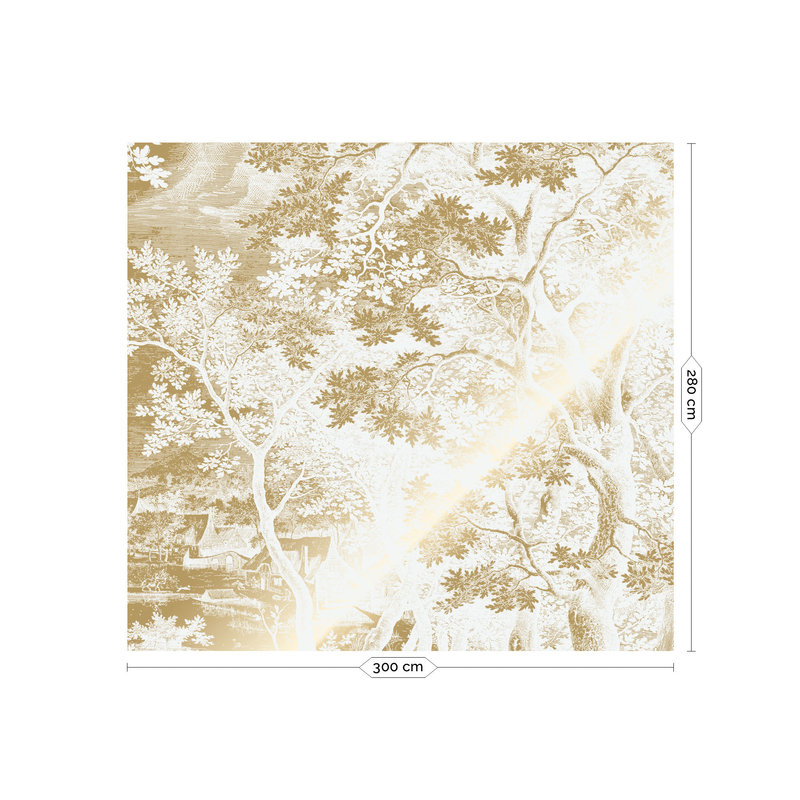 KEK Amsterdam-collectie Gold metallic wallpaper, Engraved landscapes off-white
