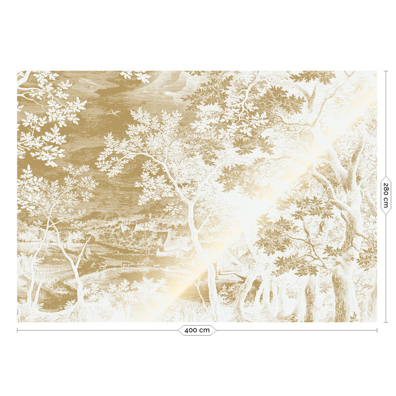 KEK Amsterdam-collectie Gold metallic wallpaper, Engraved landscapes off-white