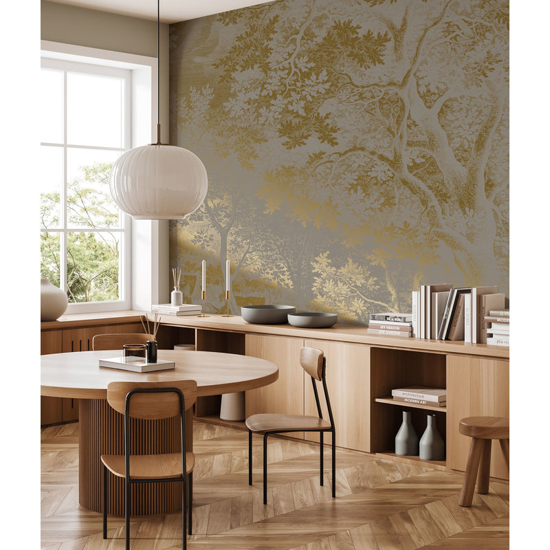 KEK Amsterdam-collectie Gold metallic wallpaper, Engraved landscapes Grey