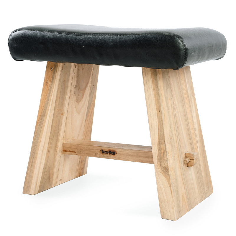 Bazar Bizar Suar Stool with Leather - Natural Black