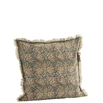 Madam Stoltz Printed cushion cover w/ fringes Black mustard raspberry sand grey