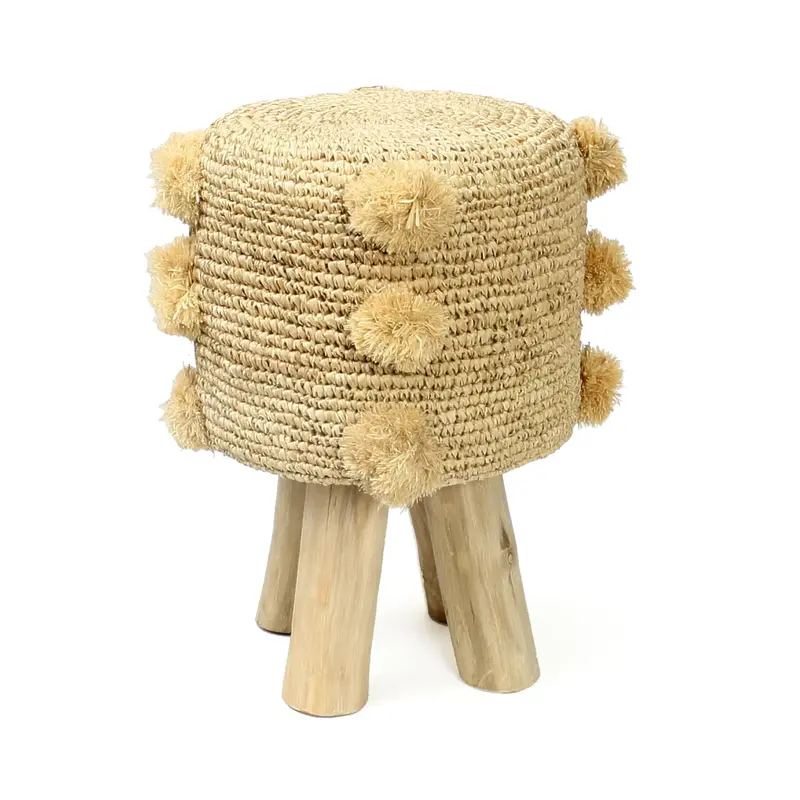 Bazar Bizar Raffia Pom Pom kruk - Naturel