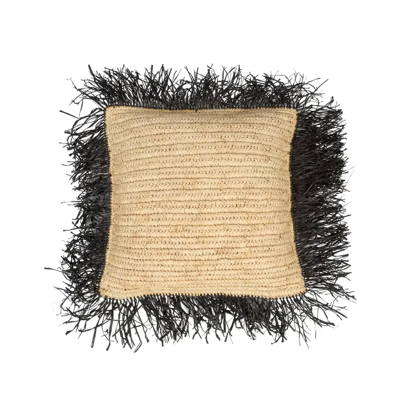 Bazar Bizar-collectie Raffia Kussenhoes - Vierkant - Naturel Zwart - 40x40
