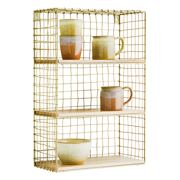 Madam Stoltz-collectie Wandrek antiek messing met naturel houten planken