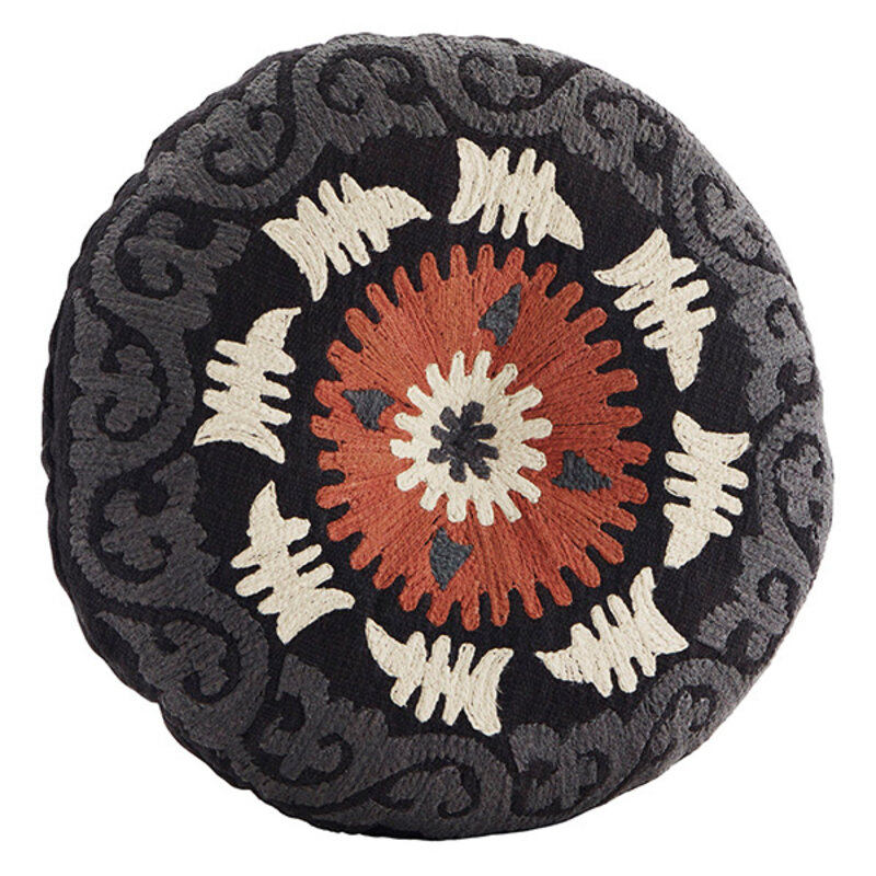 Madam Stoltz-collectie Rond geborduurd kussen zwart, rood, grijs,off white