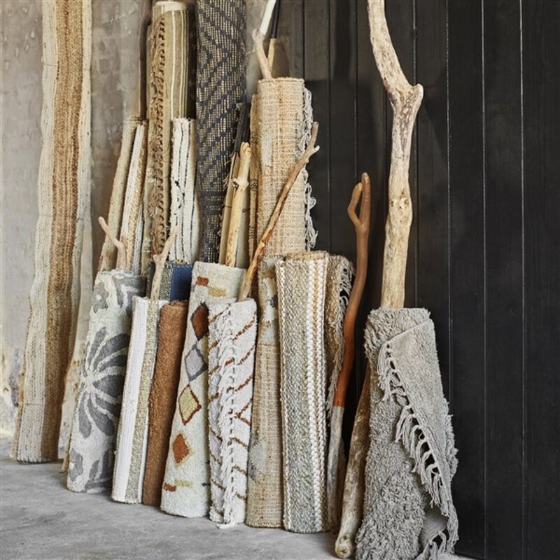 Madam Stoltz-collectie Handgeweven wollen vloerkleed Kaki, gebroken wit