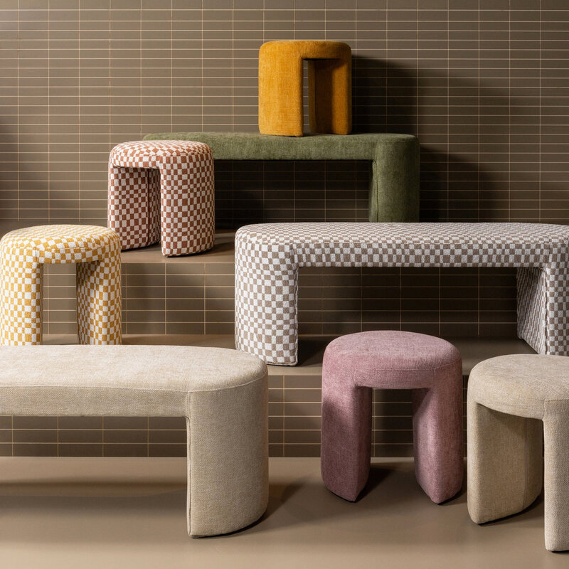 WOOOD-collectie Charlie Upholstered Stool Checkered Design Yellow