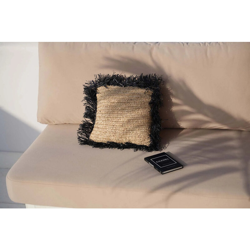 Bazar Bizar-collectie Raffia Kussenhoes - Vierkant - Naturel Zwart - 40x40