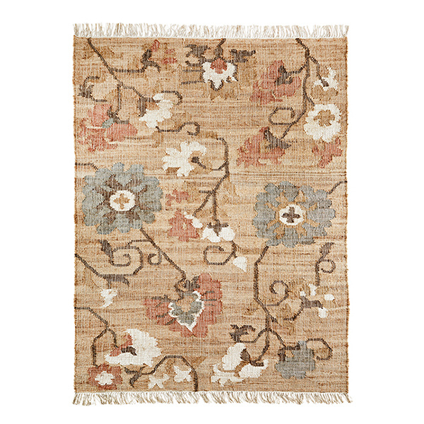 Madam Stoltz-collectie Handgeweven jute vloerkleed Naturel, blauw, oranje wit, bruin