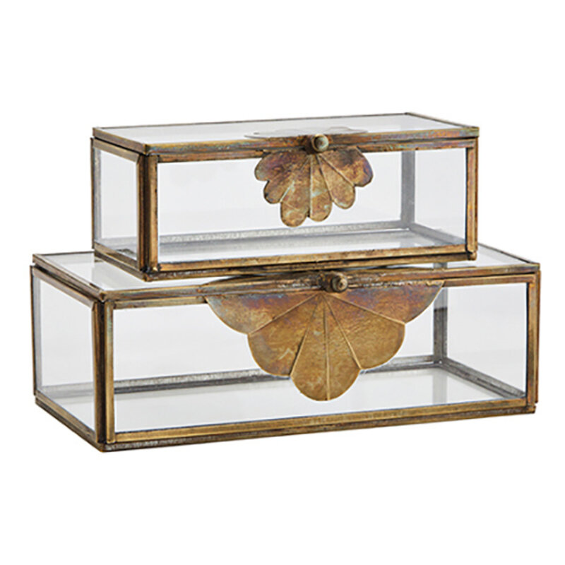 Madam Stoltz-collectie Madam Stoltz Glass boxes w/ brass leaf Clear, aged brass Clear, aged brass