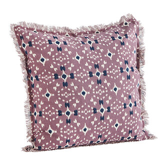 Madam Stoltz Printed cushion cover w/ fringes Dusty lilac, off white, dark blue