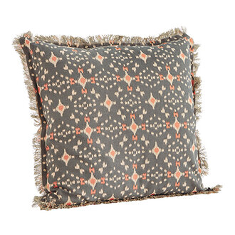 Madam Stoltz Printed cushion cover w/ fringes Grey, ecru, coral