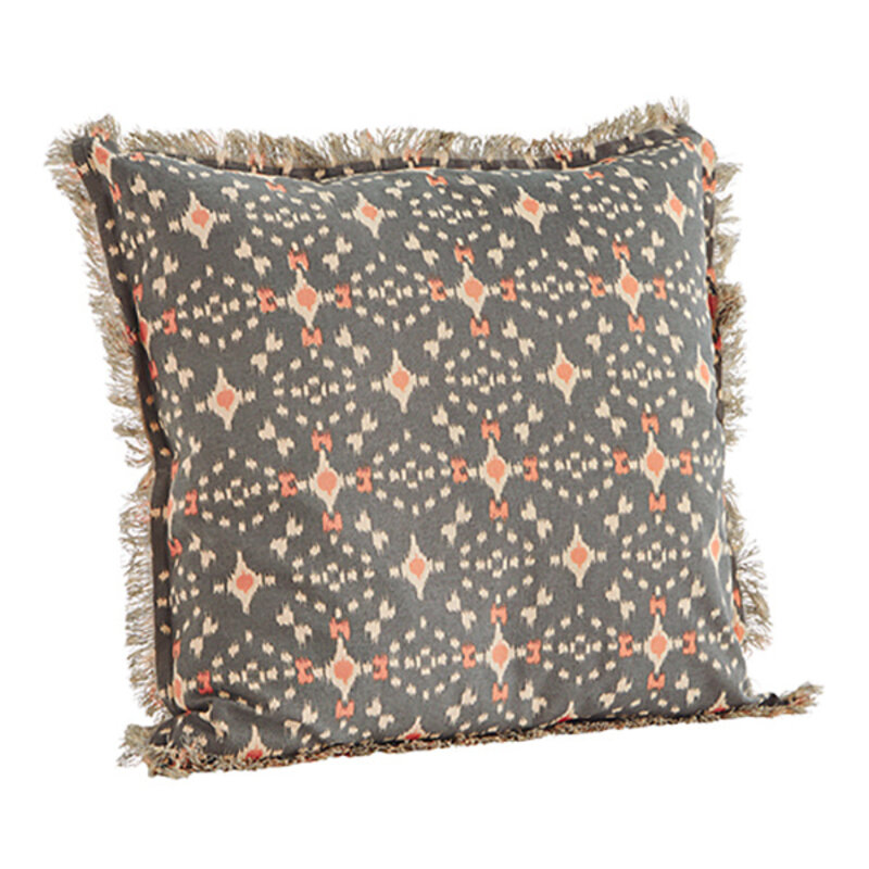 Madam Stoltz-collectie Madam Stoltz Printed cushion cover w/ fringes Grey, ecru, coral Grey, ecru, coral