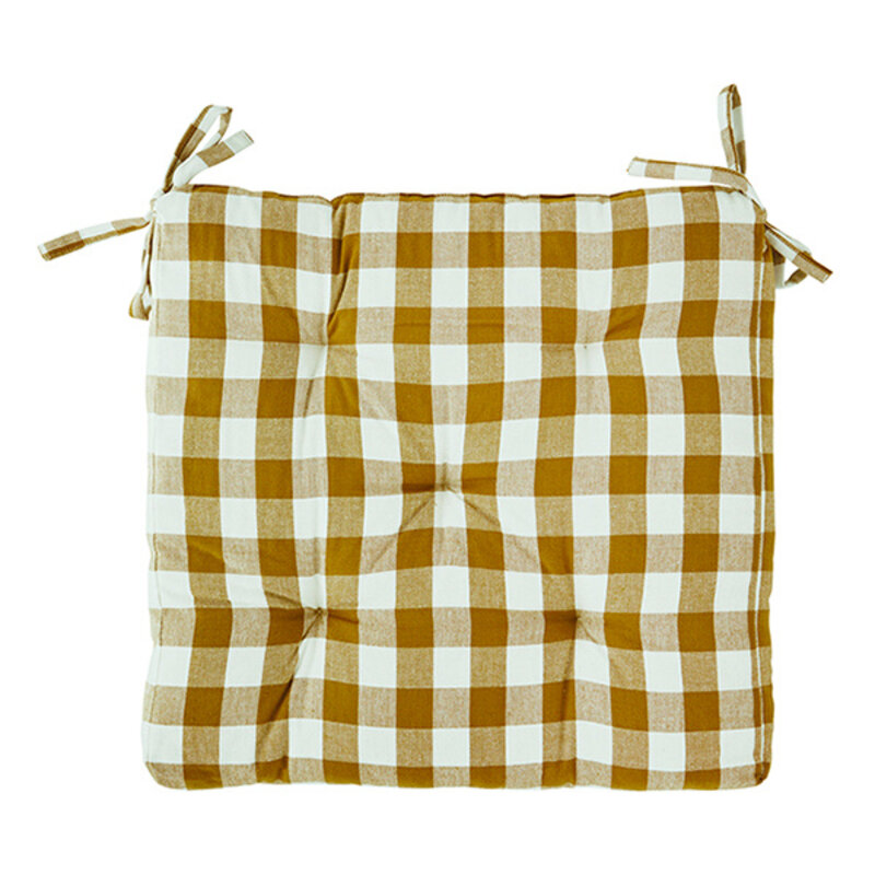 Madam Stoltz-collectie Geruite geweven katoenen stoel matraskussen mosterd, wit