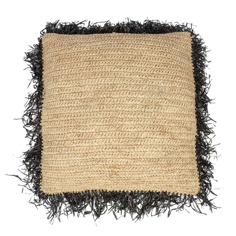 Bazar Bizar Raffia Kussenhoes - Vierkant - Naturel Zwart - 60x60