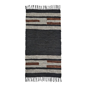 Madam Stoltz Leather rag rug, Black, light grey, brown
