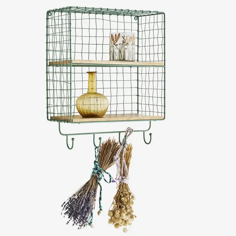 Madam Stoltz-collectie Iron wall shelf w/ hooks, Green, natural