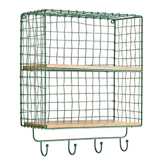 Madam Stoltz Iron wall shelf w/ hooks, Green, natural