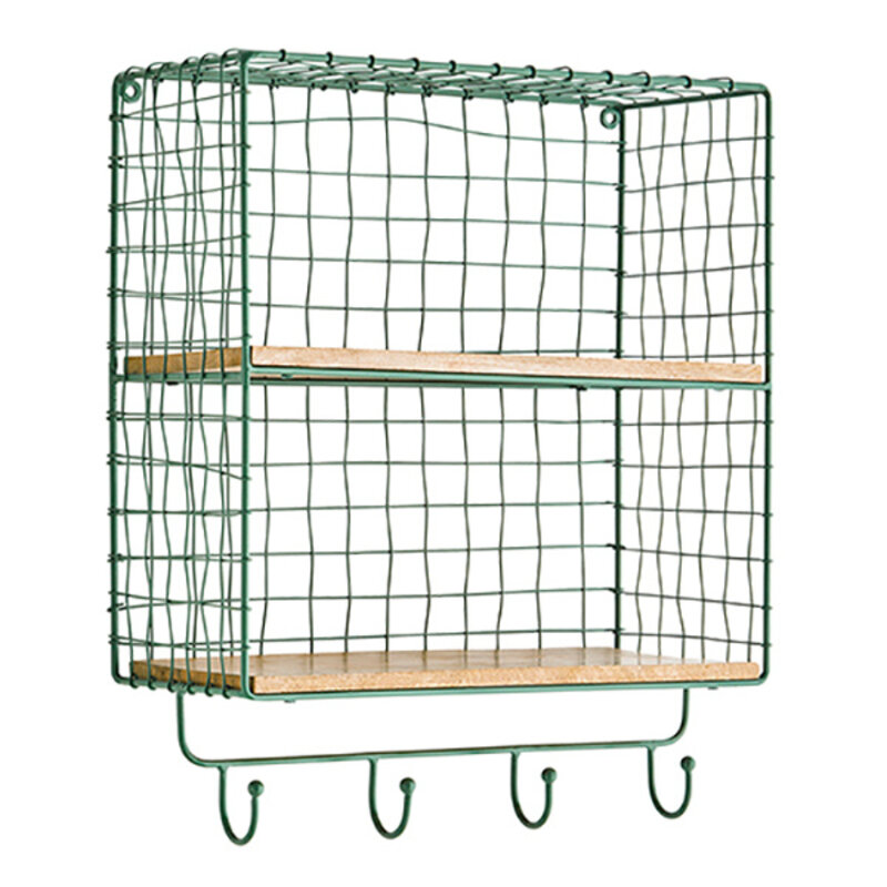 Madam Stoltz-collectie Iron wall shelf w/ hooks, Green, natural