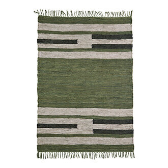 Madam Stoltz Leather rag rug, Green, light grey, black