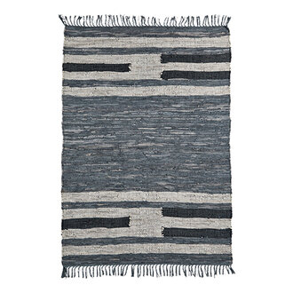 Madam Stoltz Leather rag rug, Dusty blue, light grey, black