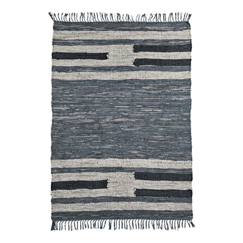 Madam Stoltz-collectie Leather rag rug, Dusty blue, light grey, black