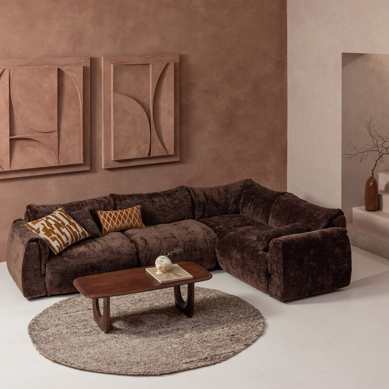 WOOOD-collectie BAGGY HOEKBANK RECHTS 3D CHENILLE DONKERBRUIN