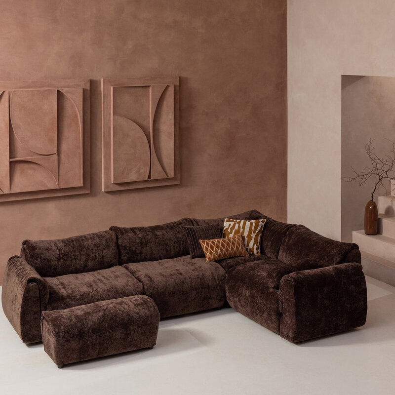 WOOOD-collectie BAGGY HOEKBANK RECHTS 3D CHENILLE DONKERBRUIN