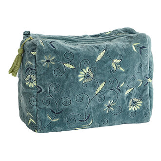 Madam Stoltz Embroidered velvet washbag Dusty blue, lime, dark blue