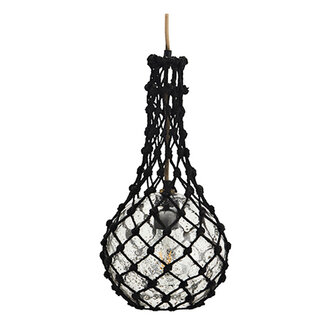 Madam Stoltz Glazen hanglamp met jute net Zwart, helder Zwart, transparant