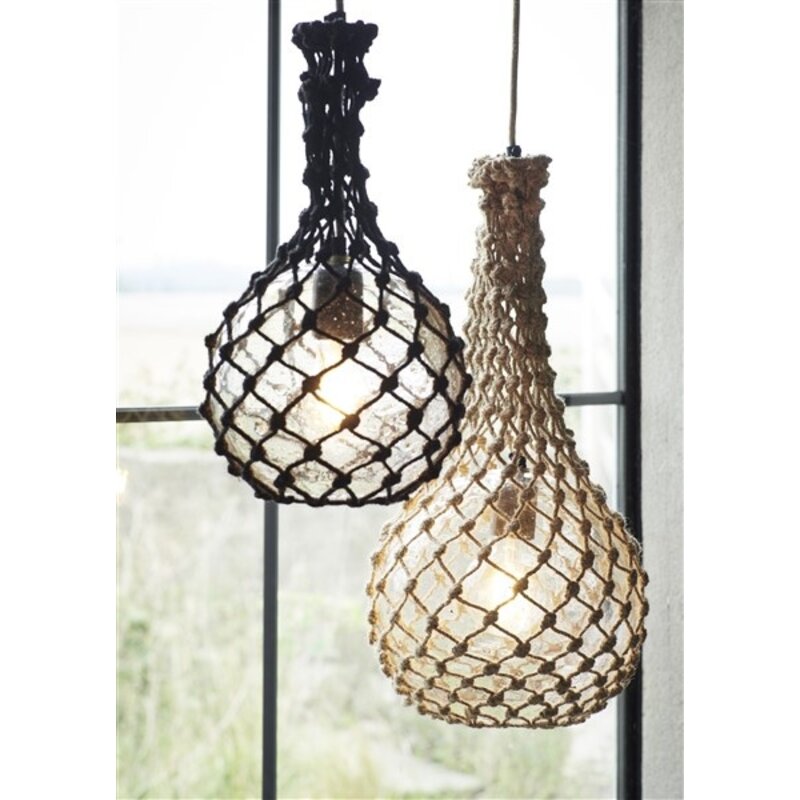 Madam Stoltz-collectie Glazen plafondlamp met jute net Naturel, helder naturel, transparant