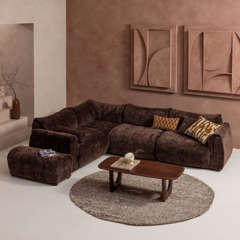 WOOOD-collectie Baggy Hoekbank Links 3D Chenille Donkerbruin
