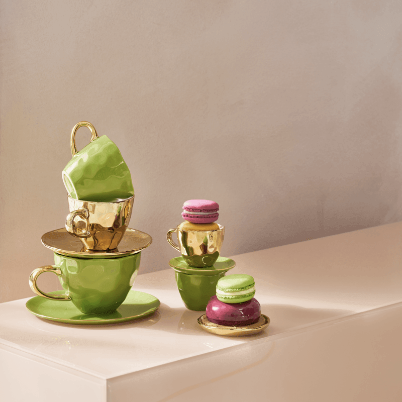 Urban Nature Culture-collectie Good Morning Kopje Cappuccino/Tea and bord evergreen sprig, set of 4, in gift pack