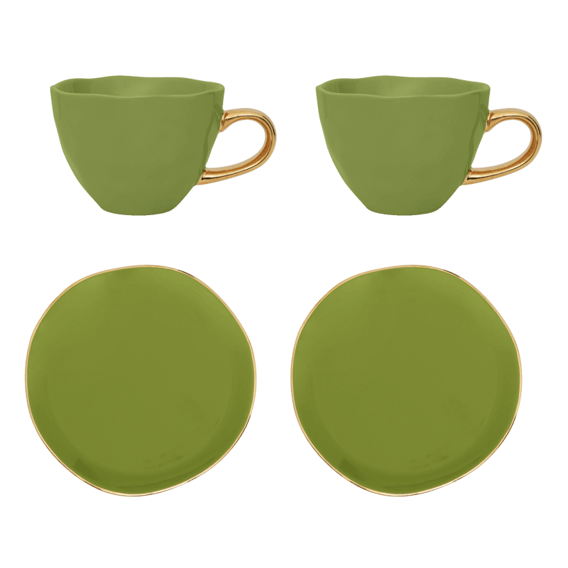 Urban Nature Culture-collectie Good Morning Kopje Cappuccino/Tea and bord evergreen sprig, set of 4, in gift pack