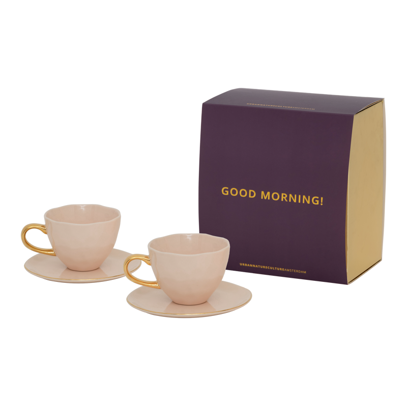 Urban Nature Culture-collectie Good Morning Cup Cappuccino/Tea and Plate Papaya/Old Pink, set of 4, in gift pack