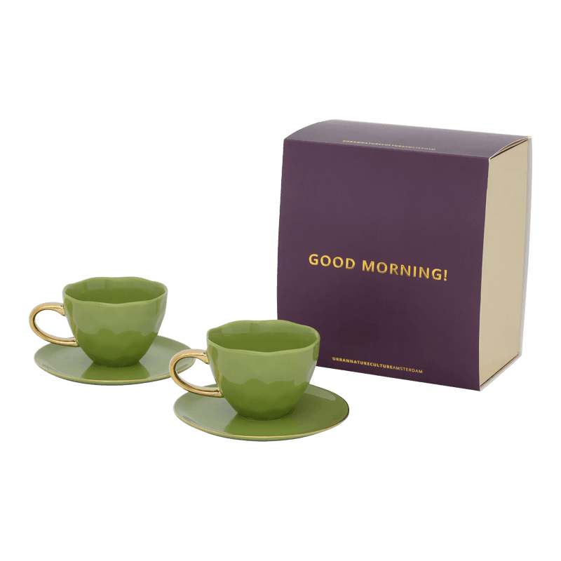 Urban Nature Culture-collectie Good Morning Kopje Cappuccino/Tea and bord evergreen sprig, set of 4, in gift pack