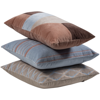 WOOOD Laon Kussens Velvet Naturel/Blauw - Set Van 3