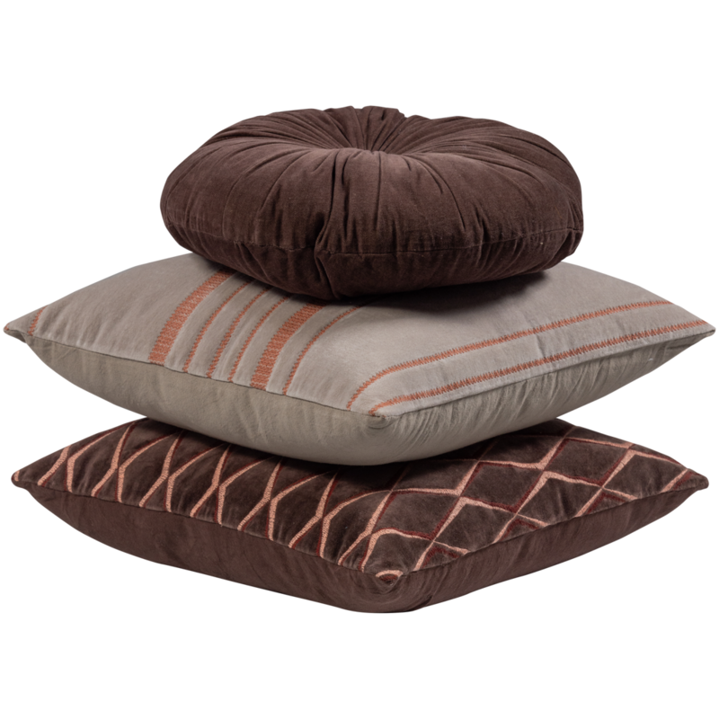 WOOOD-collectie Aziz Kussens Velvet Bruin/Naturel - Set Van 3