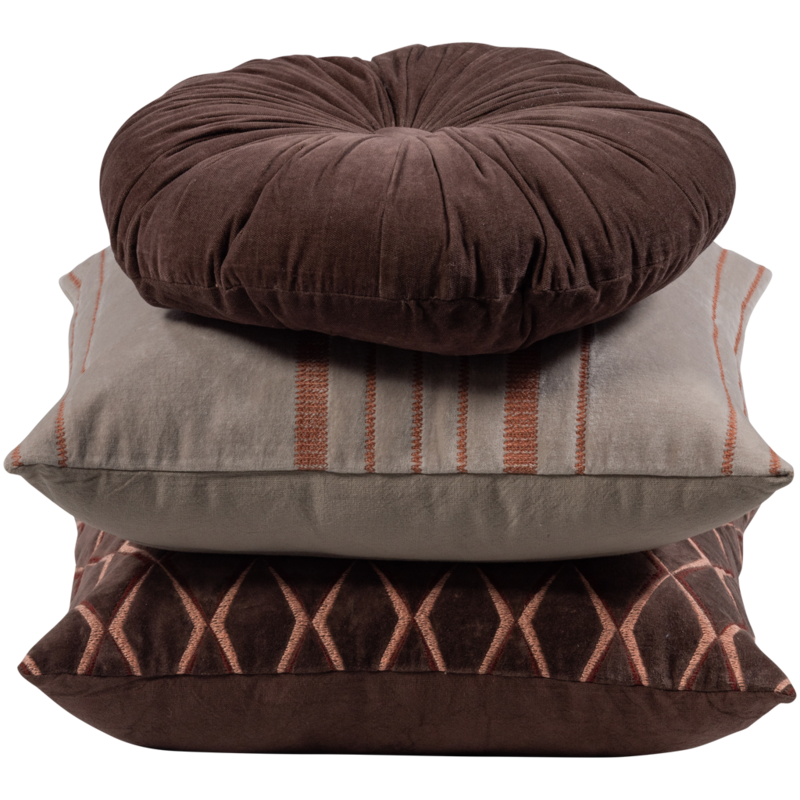 WOOOD-collectie Aziz Kussens Velvet Bruin/Naturel - Set Van 3