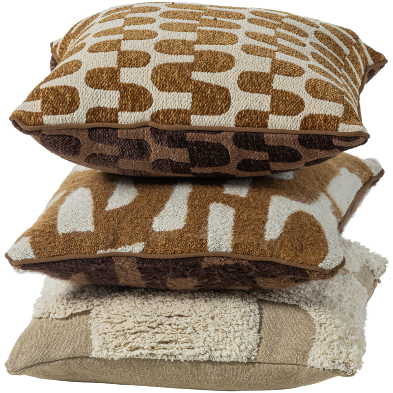 WOOOD-collectie FAYDEN KUSSENS CHENILLE BRUIN/NATUREL - SET VAN 3