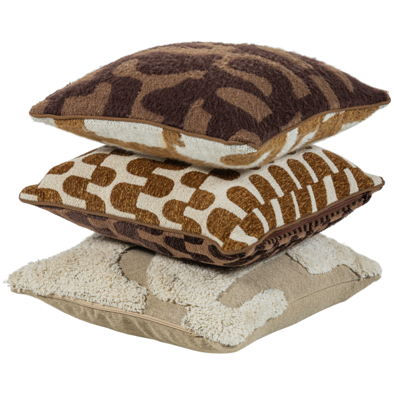 WOOOD-collectie FAYDEN KUSSENS CHENILLE BRUIN/NATUREL - SET VAN 3