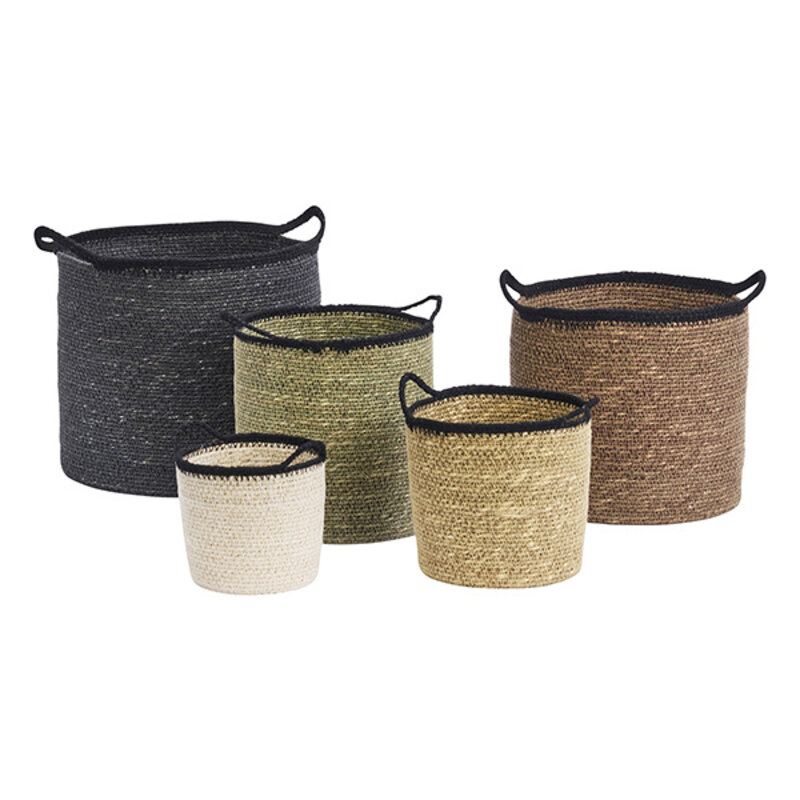 Madam Stoltz-collectie Zeegras manden met hengsels Houtskool, walnoot, salie, naturel, gebroken wit, zwart