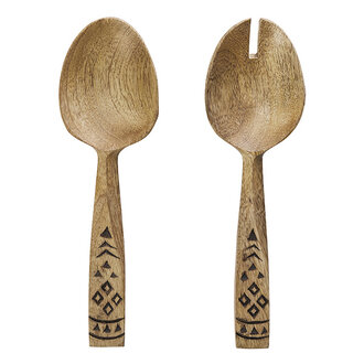 Madam Stoltz Wooden salad set w/ hand carving Natural