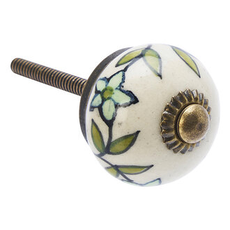 Madam Stoltz Handbeschilderde aardewerk deurknop Gebroken wit, groen, salie, zwart, Antiek messing