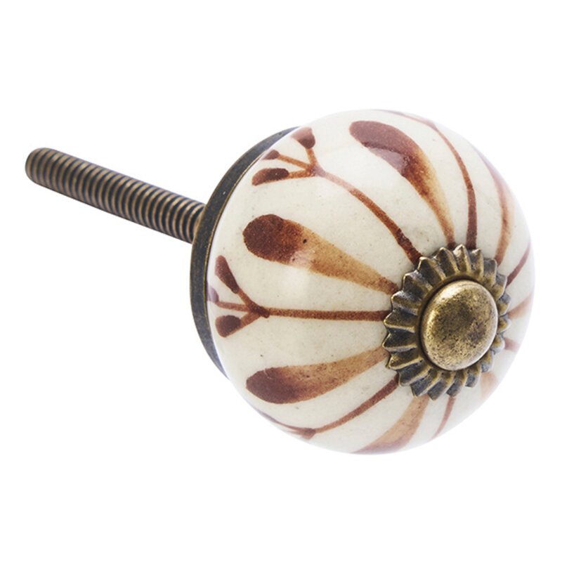 Madam Stoltz-collectie Handbeschilderde aardewerk deurknop Gebroken wit, bruin, ant. messing