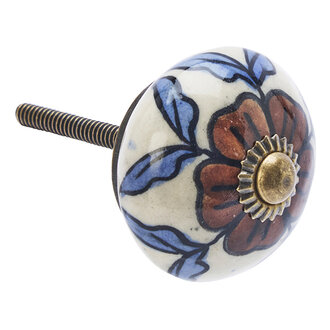 Madam Stoltz Handbeschilderde aardewerk deurknop off white, bruin, blauw, zwart, Antiek messing